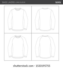 Man Long Sleeve Base Layer Shirt Set, Back and Front. All Round Neck, Raglan Sleeve. Vector Illustration, Outlines and Isolated Background, for Technical Design and Mockup