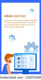 Man Look Carefully Social Media Profile Screen. Businessman Work by Computer Monitor. Online Head Hunting. Male Character do Applicant Resume Research and Analysis. Flat Cartoon Vector Illustration
