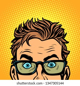 Man look glasses Stylish young man. Serious funny. Comic cartoon pop art vector retro vintage drawing