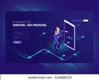 Man look graphic chart, business analytics concept, big data processing icon, virtual reality interface, server room admin administrator, isometric illustration vector neon dark Man look graphic chart, business analytics concept, big data processing icon, virtual reality interface, server room admin administrator, isometric illustration vector neon dark