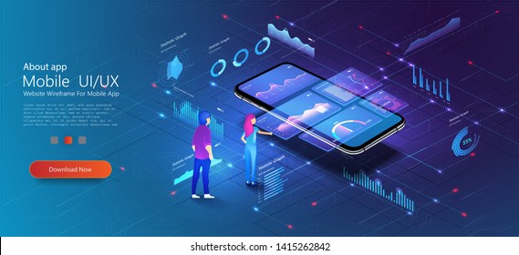 Man look graphic chart, business analytics concept UI, UX, Admin. Consulting team. Application of Smartphone with business graph and analytics data on isometric mobile phone.  Vector illustration