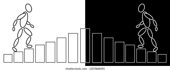Man look like robot running on steps towards goal - Vector line art with dark and white background