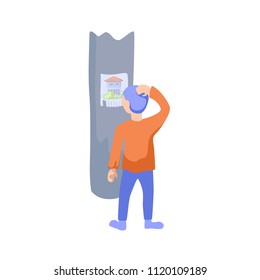 Man look on advertisement on pillar vector illustration. Advertising column with house for sale advert. Traditional offline marketing strategy to reach customer. Thoughtful man and street pole banner