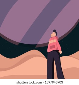 Man Look up to the sky to see the planet.Flat vector illustration eps.10