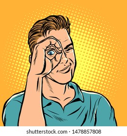 man look telescope hand. Pop art retro vector illustration drawing