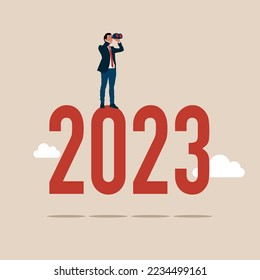 Man look through binoculars on year 2023. Year 2023 outlook, new challenge ahead, vision to make decision, plan and perspective. Vector illustration.