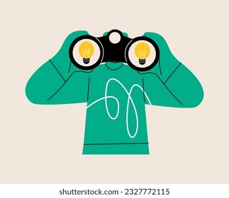 Man look through binoculars and searching ideas. Colorful vector illustration