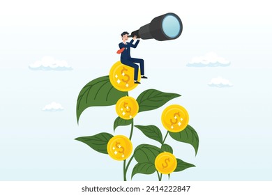 Man look through telescope on plant with money coin flower, investment or saving growth, growing wealth, financial and banking forecast, earning profit or grow income or mutual fund return (Vector)