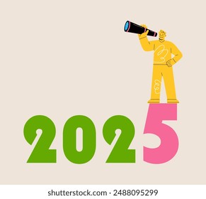 Man look through telescope on year 2025, year 2025 outlook. Colorful vector illustration
