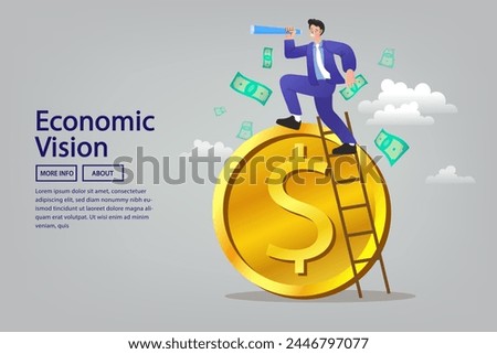 man look through telescope on money. Investment or saving growth, growing wealth, financial and banking forecast. Searching for business opportunities and success. grow income. Stock broker. vector