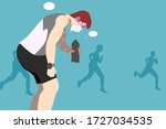 A man look very tired from exercise. He going to drinking some water from the bottle. He is wearing the face mask that make him hard breathing.Picture Designed to promote health care campaigns.