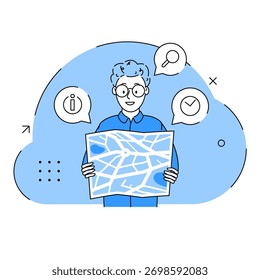 Homem olhar para o caminho no mapa conjunto e escolher que caminho. Mão segurando mapa e pesquisando rota e localização. Escolhendo a direção a seguir. Solução de negócios eficaz. Tomada de decisão correta. Ilustração vetorial