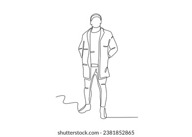 A man with a look for winter. Winter outfit one-line drawing