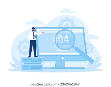 A man looking for 404 error page not found trending concept flat illustration