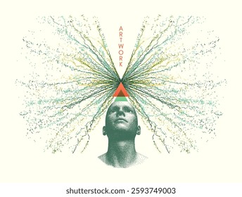 Man looking up and above him a branching system of dots. Concept of development and concentration of thoughts. Artificial intelligence. 3D vector for brochure, poster, presentation, flyer or banner.