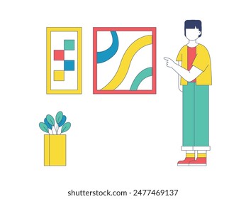 Man looking at abstract painting in museum. Character design. Vector flat illustration