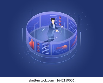 Man looking and analysing at graphic chart, business analytics concept, big data processing on user interface screen. 3D isolated isometric vector illustration