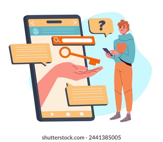 Hombre buscando respuesta. Chico joven cerca de smartphone con mensajes y llaves. Tecnologías modernas y buscador de sitios web. Información y conocimiento, guía. Ilustración de vector plano de dibujos animados