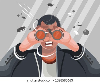 Man looking anxiously in the binocular. Astonished character making grimace. Vector illustration - Vector
