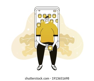 Man is looking for apps on their mobile phone. Vector illustration with web communication idea for telework, remote working, social media
