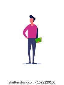 Man looking around with book in his hands. Single person, gadget free, waiting flat vector illustration. Leisure activity and free time concept for banner, website design or landing web page