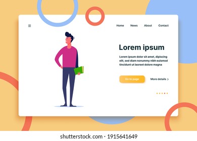 Man looking around with book in his hands. Single person, gadget free, waiting flat vector illustration. Leisure activity and free time concept for banner, website design or landing web page