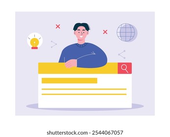 Um homem está procurando um artigo em um site, a tecnologia de pesquisa está ficando cada vez mais precisa. Design de caracteres. Ilustração em plano vetorial