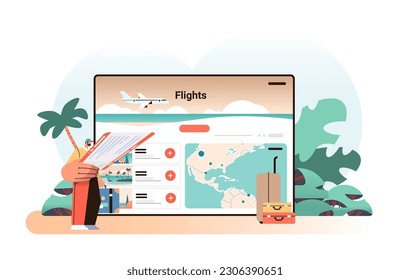 man looking for available cheapest tickets via mobile app online booking searching for flight service concept