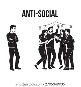 Man looking away from cheerful friends holding drinks and dancing at party, feeling anti social.