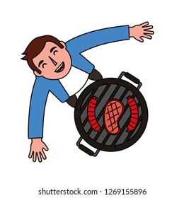 man looking up with barbecue grill