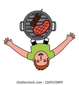 man looking up with barbecue grill