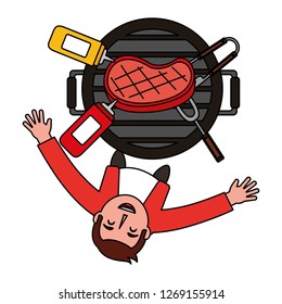 man looking up with barbecue grill