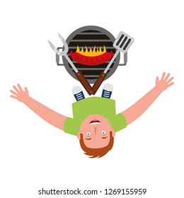 man looking up with barbecue grill