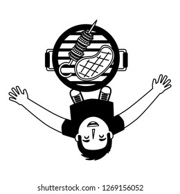 man looking up with barbecue grill