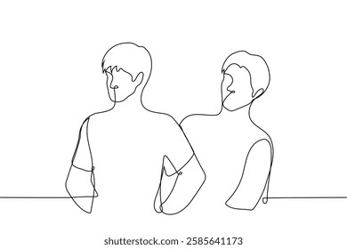 man looking from behind a man standing in front with his hands on his hips - one line art vector. Handmade vector not AI