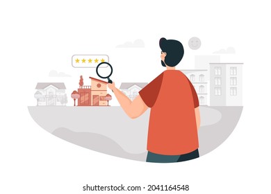 A man looking for best house to buy on illustration concept