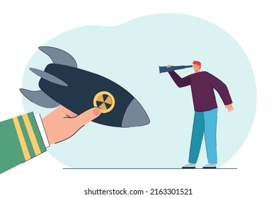 Hombre mirando a una mano grande sosteniendo una bomba nuclear a través de vidrio espía. Arma con símbolo tóxico de ilustración plana vectorial. Radiación, peligro, concepto de guerra para banner, diseño de sitio web o página web de aterrizaje