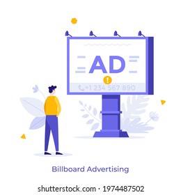 Man Looking At Billboard With Telephone Number On It. Concept Of Outdoor Advertising, Promotion And Marketing, Advertisement On Street. Modern Flat Colorful Vector Illustration For Poster, Banner.