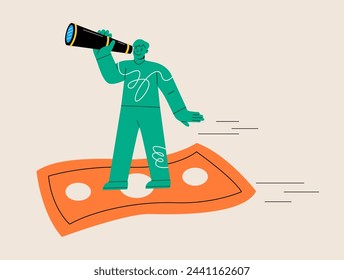 Man looking in binocular and fly on money banknote. Colorful vector illustration
