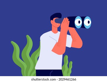 Man looking in binocular. Watch perspectives, finding resources or loor for love or dream vector concept