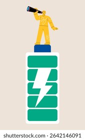Man looking at binoculars on a full battery. Colorful vector illustration
