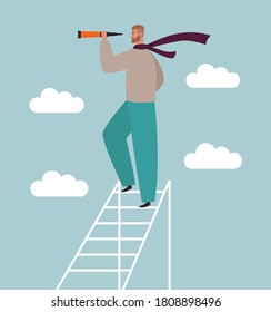 Man looking in binoculars standing on a ladder high in the clouds. Concept of search, vision, forecasting, future. Flat vector illustration. Businessman with strategic thinking