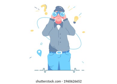Man looking in binoculars tool vector illustration. Look into future choose direction flat style. Searching for opportunities, decisions, new business ideas concept. Isolated on white background