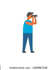 Man looking in binoculars vector isolated person looking away. Cartoon male hunter watching in optical instrument with lens for each eye, viewing distant objects