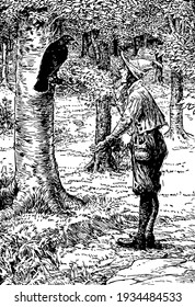 A man looking at bird sitting on tree in the forest, vintage line drawing or engraving illustration