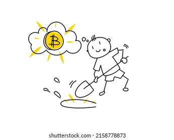 A man is looking for bitcoin. The character is digging a hole in the hope of finding a cryptocurrency treasure.	
