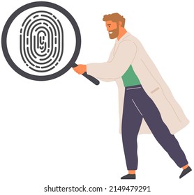 Man looking at black and white finger print with search loupe. Scientist examines evidence of crime. Male near fingerprint of suspect under magnifying glass. Analytics and research for consequence