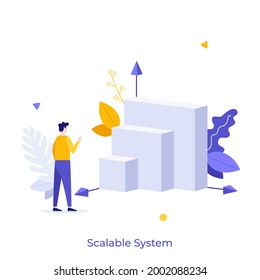 Man looking at blocks of different sizes. Concept of scalable system, scalability of business model, network or algorithm, comparison of product versions. Modern flat vector illustration for poster.