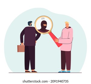 Man looking at boss through magnifying glass and seeing criminal. Thief pretending to be businessman flat vector illustration. Financial crime concept for banner, website design or landing web page