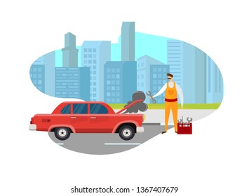 Man Looking Broken Car on Road at City View Background with Buildings. Mechanic Trying to Repair Auto with Smoke Going from Hood. Helping Service for Drivers. Cartoon Flat Vector Illustration. Icon.